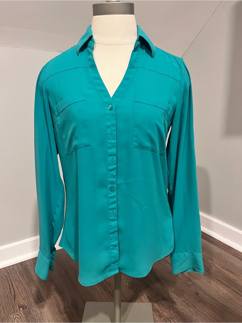 Express Teal Button-Front Long-Sleeve Blouse
